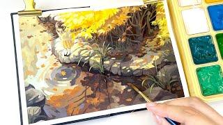 Cozy Art Video / Autumn Gouache Painting / Landscape Painting with Gouache / Paint with Me 