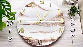 DIY. Epoxy Resin wall clock. White and Gold. Resin Art.