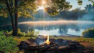 Cozy Campfire by the Lake | Gentle Lake Waves & Crackling Fire Sounds for Relaxing