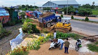 Incredible!!! LandFill Project! Bulldozer D21P KOMATSU push stone with Dump Truck 5T Unloading