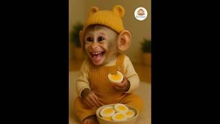 Look baby monkey eating egg 
