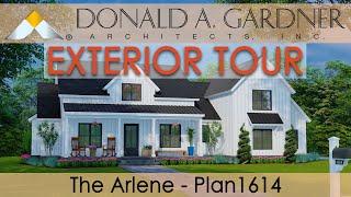 Modern farmhouse home plan with a one-story floor plan and four bedrooms | The Arlene