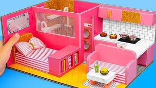 DIY Miniature Cardboard Pink House #3 With Bathroom, Bedroom, Kitchen and Living Room For Family