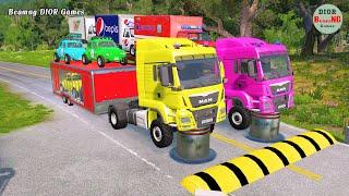 Double Flatbed Trailer Truck vs speed bumps|Busses vs speed bumps|Beamng Drive|1004