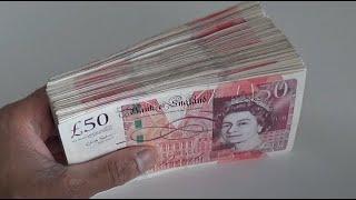 Counting 10,000 British Pounds GBP. £10,000, $$ ££, Dollars, Bank Notes. "Youtube/ Google Earnings".