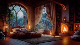 Thunderstorm Haven - Cozy Fireplace Rainy Night in a Extravagant Castle Room | 12 Hours