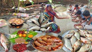 Rohu& katla fish curry cooking and eating in village ! fish catching videos in river,rohu fish curry