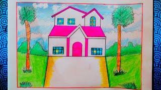 house scenery drawing | ghar ka chitra | house drawing | beautiful drawings step by step