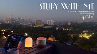 4-HOUR STUDY WITH ME  / Sunset Meditation Calm Piano /  Pomodoro 50-10