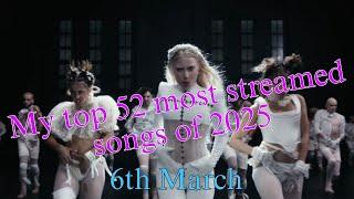 My top 52 most streamed songs of 2025 (6th March)