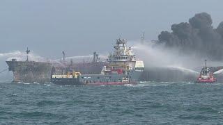 Portuguese cargo ship crashes into U.S. oil tanker off the coast of Britain, sparking huge fire