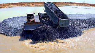 Wonderful Project!! Bulldozer KOMATSU and Many Dump Truck 25T Push Stone into Water Build New Road