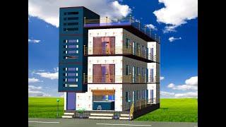 20 x 40 Home Plan With Shop 3 Story in 3d View
