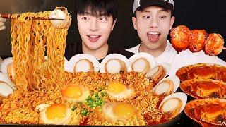 SUB)친구랑 얼칼한 대왕가리비 라면 먹방! (ft. 불닭가리비) Spicy Ramyeon mukbang asmr 신라면 더레드 리얼사운드 라면 먹방