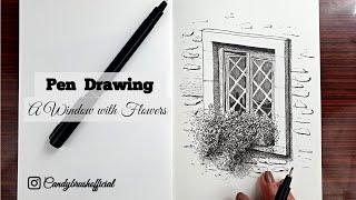 Pen & Ink Drawing #25 Drawing A Window with Flowers