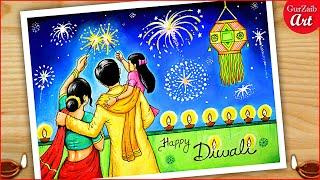 How to Draw happy Diwali Drawing / Indian festival Deepawali poster making / Diwali painting