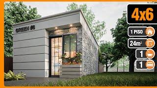 Plano de casa Pequeña 4x6  1 dormitorio 1 baño | Diseño de Casa 4x6 con 24 m2 | Tiny House 24 sqm