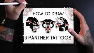 How to easily draw 3 panther tattoos | Traditional Tattoo Art Tutorial