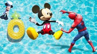 GTA 5 Mickey Mouse, Minnie & Donald Duck Jumping Into Pool | GTA 5 Rainbow Spiderman Jumping Off