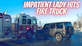 Impatient lady hits fire truck --- BAD DRIVERS Exposed! Learn How to Avoid Them!  #1274