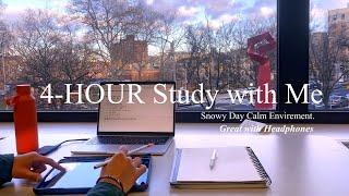 4 HOURS Study with me | at Library Snowy Day | Background noise| POMODORO 60/10| Mindful Studying