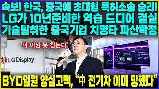 속보! 한국, 중국에 초대형 특허소송 승리! LG가 10년준비한 역습 드디어 결실기술탈취한 중국기업 치명타 파산확정 / BYD임원 양심고백, "中 전기차 이미 망했다"