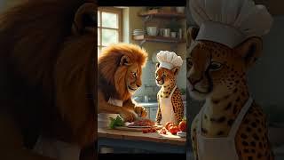 أسد وفهد يطبخون الطعام/lion and cheetah cooking food #lion #animals #cooking #حيوانات