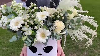 Цветы в коробке Панда с герберами и розами