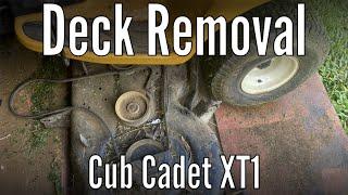 How to remove the mower deck on a Cub Cadet XT1 lawn mower.