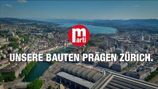 Panoramaflug mit elf Marti-Krane über der Skyline von Zürich