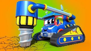 Truck videos for kids -  Super GIANT DRILL saves the DEMOLITION CRANE from hard trouble - Car city