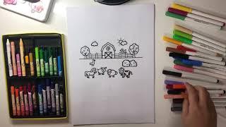 Hello everyone, today I will color a picture of cattle standing in front of the farm.