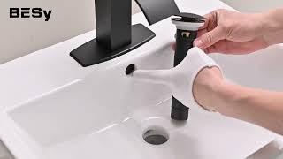 BESy Black Waterfall Spout Bathroom Faucet, Single Handle Bathroom Sink Faucet with Pop-up Drain