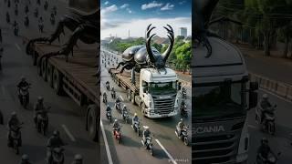 Evolution of a truck carrying a giant beetle into a luxurious home in the jungle