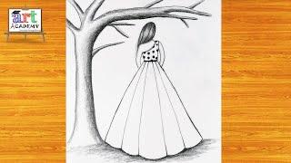 How to draw a cute Girl with Tree -Pencil sketch || Drawing easy for beginner || Girl drawing