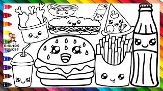 Dibuja y Colorea Comida Rapida  Dibujo De Hamburguesa, Coca Cola, Perro Caliente, Pizza Y Más