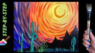 EP77 - 'Desert Sunset' easy acrylic desert painting with cacti and sunset landscape