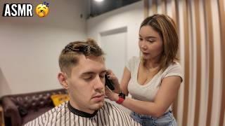 Cute Thai Barber Gives Perfect Haircut & Shave - ASMR