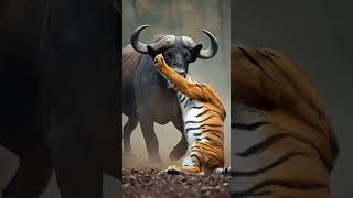 The brave father water buffalo's powerful combat skills save the calf from the tiger #Animal