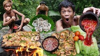 Primitive Technology - Kmeng Prey - Wow Cooking Shrimp - Eating Delicious