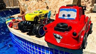 Disney Pixar Cars falling into deep pool, Lightning McQueen, Tow Mater, Mack, Sally, Francesco