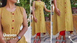 Uneven (C cut) Hemline Kurti Design / Front open Placket A line Kurti cutting and stitching