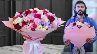 Colorful Flowers Arrangement With Wrapping. bouquet wrapping tutorial. how to wrap big bouquet