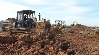 Amazing Bulldozer Operator Pushing Dirt and Dump Truck Unloading Dirt with Best Action