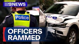 Police vehicles rammed in alleged stolen car chase | 9 News Australia