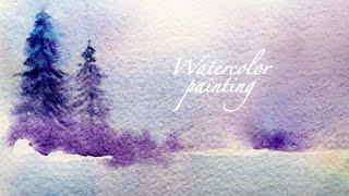 painting of a landscape of pines with watercolor technique