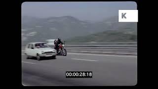 1970s France, Motorway Driving, Couple on Motorcycle, Road Trip, 35mm