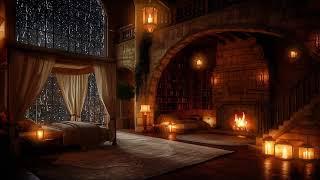 Thunderstorm & Warm Fireplace | Rain Sounds for Sleeping in this Cozy Castle Room | 12 Hours