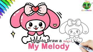 儿童简笔画可爱的美乐蒂 How to Draw A Cute My Melody|Funny Sanrio Arts|Easy Drawings for kids【西瓜宝宝学画画学英语】简笔画教程