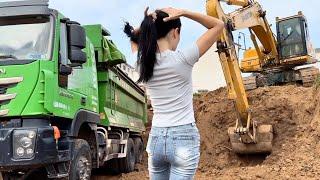 Female Truck Driver Dayeon Hard at Work Driving Trucks and Harvesting Corn in the Fields.